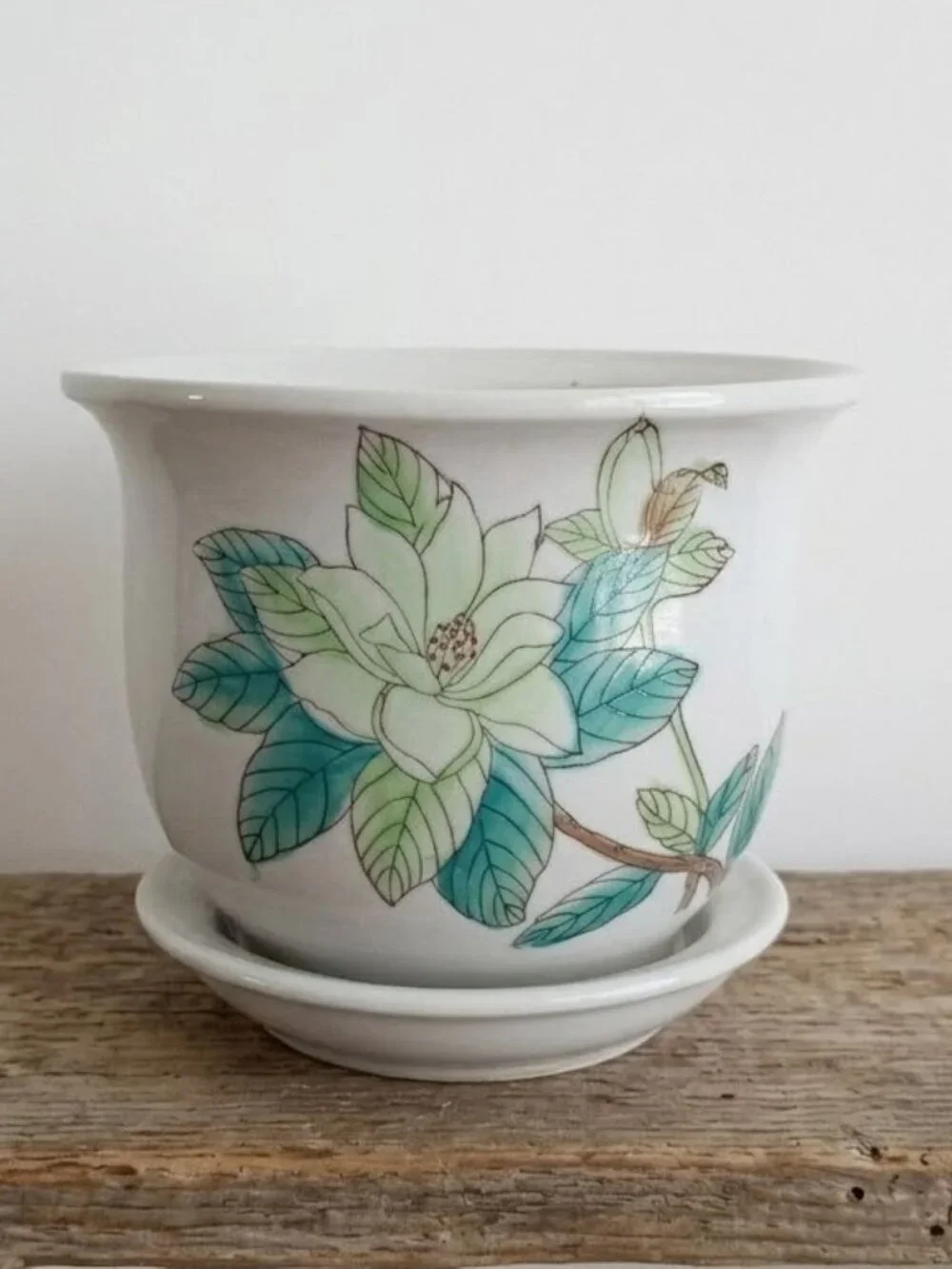 Vintage Ceramic Magnolia Planter Flower Pot with Saucer Botanical Green Floral